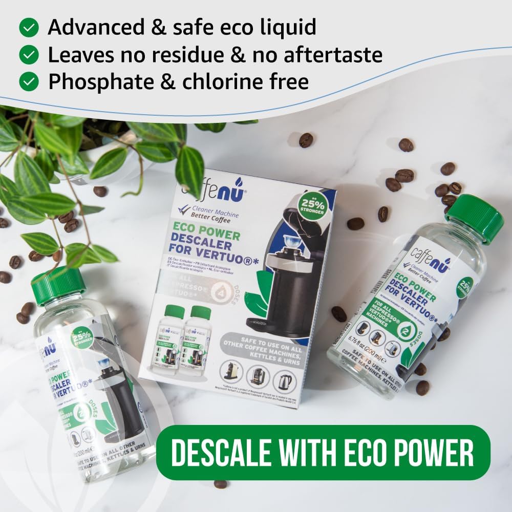Nespresso Compatible Descaling Kit. 2 Bottles of Vertuo Descaler Solution. Removes Limescale For Hotter Coffee. 4 Uses Descaler For Nespresso Vertuo Coffee Machines.