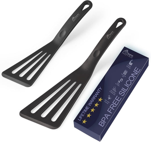 HOTEC 600℉ Heat Resistant Silicone Slotted Fish Turner Spatula Set, BPA Free Flipper Cooking Spatulas, for Non Stick