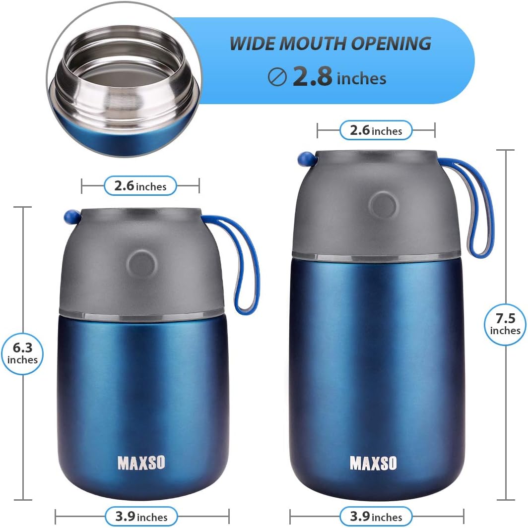 Insulated Thermo Food Jar for Hot &amp; Cold Food for Kids Adult, 17&amp;24 oz Soup Thermal Hot Food Containers for Lunch, Triple Layer Insulation Stainless Steel Food Jar with Spoon (2 Pack Blue)
