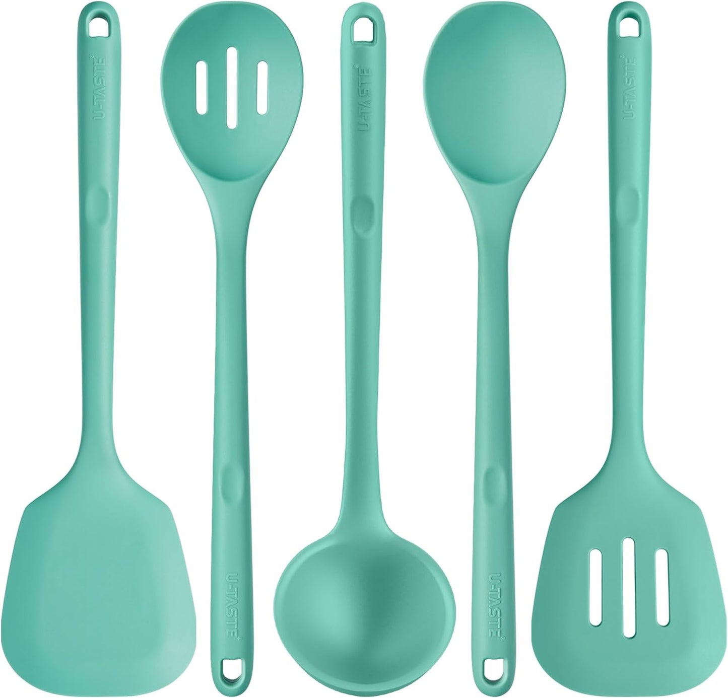 U-Taste Silicone Kitchen Cooking Utensil Set of 5, 13.6" Long, Aqua Sky | 600ºF Heat Resistant Food Grade Kitchen Tools&amp;Gadgets, Extra Long Wide Spatula Turner Spoon Ladle for Serving Mixing Stirring