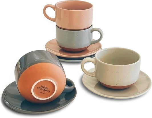 Mora Ceramics 8oz Cappuccino Mug Set of 4 - Ceramic Coffee Cups with Saucers - Microwave and Dishwasher Safe, Perfect For