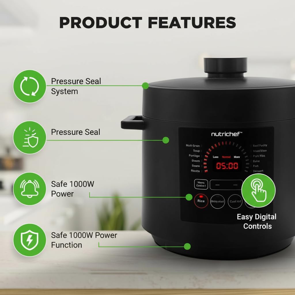 NutriChef Electric Pressure Cooker 6 Quart Capacity | 9 Function Digital Countertop Pressure Cooker | Adjustable Time & Temperature | Cook, Bake, Steam, & Braise | 13.1 x 11.4 IN | Black