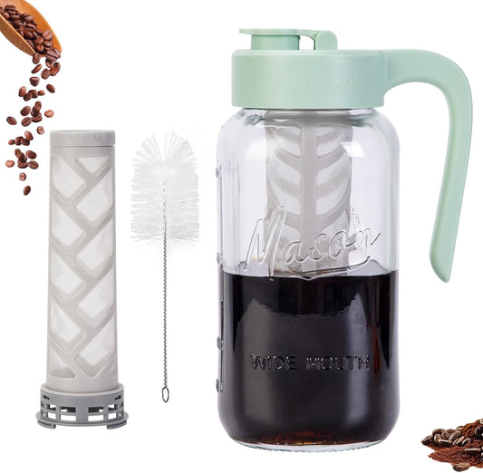 Cold Brew Coffee Maker Glass, Airtight & Leakproof Mason Jar Pitcher with Cold Brew Filter, 64 oz Glass Pitcher with Lid for