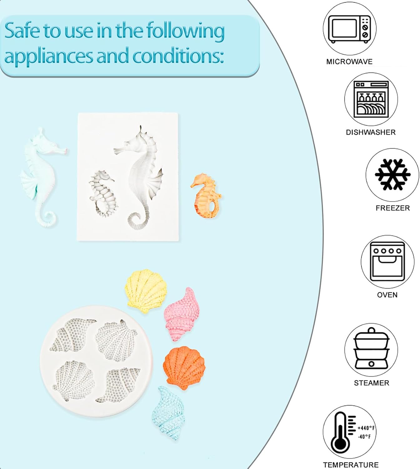 Ocean Chocolate Fondant Mold Set Food-Grade Silicone Baking Molds with Shell, Starfish, Seashell Beach Life Phrases, Reusable for Under the Sea Cakes, Cupcakes &amp; Party Treats - 8 Pack