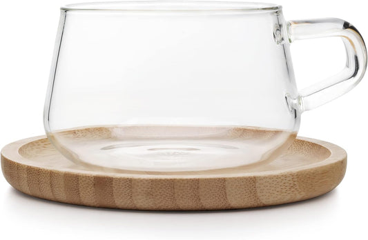 VIVA Classic Glass Coffee Mug or Tea Cup and Saucer Made of Bamboo Wood - 9 oz / 250ml - Perfect for Cappuccinos,
