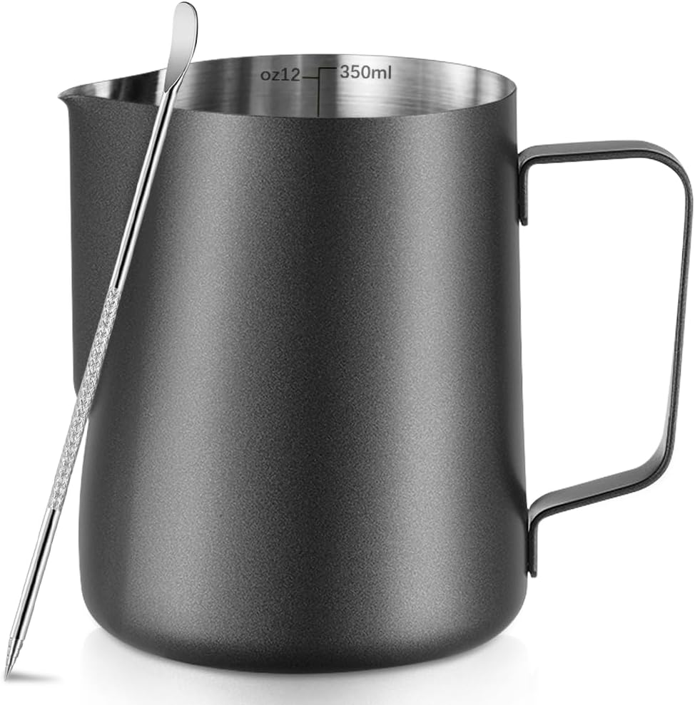 Frothing Milk Pitcher, 12 oz/350 ml Stainless Steel Frothing Milk Jug with Latte Art Pen,with Intern