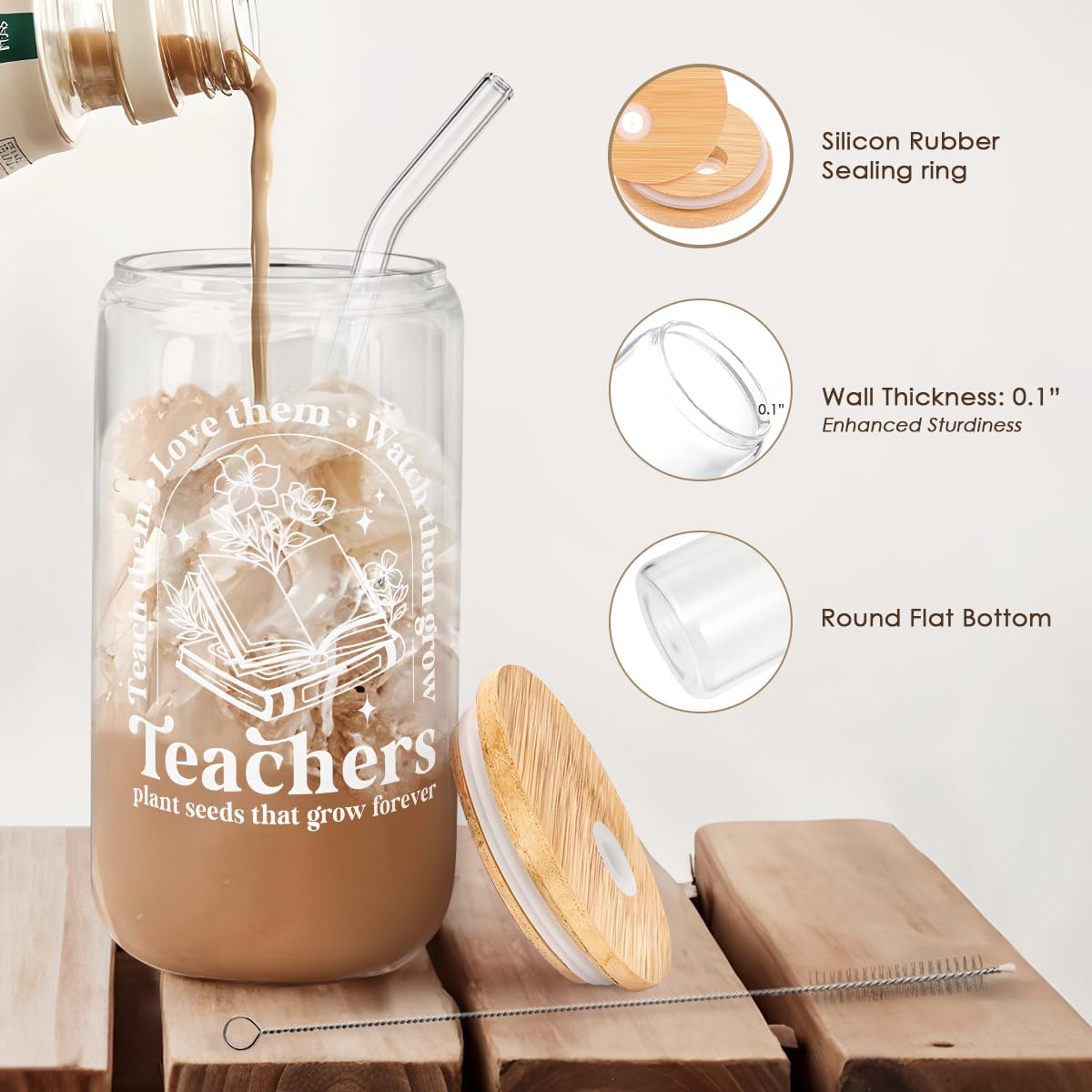 SANDJEST Teacher Glass Can, Teachers Plant Seeds That Grow Forever Cup with Lid &amp; Straw, Coffee Aesthetic Cups, Gift for Christmas Teacher Appreciation, Gifts for Women, 16oz