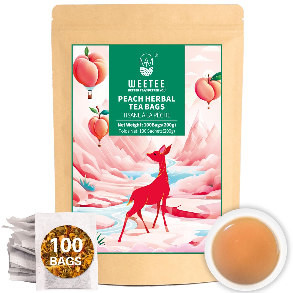 WT WEETEE Peach Herbal Tea Bags 100 Count, Bright, Juicy &amp; Fruity Infusion | Caffeine-Free Blend with Real Rose Hip, Orange Peel, Chamomile &amp; Natural Peach Flavor, Daily Wellness Tea for Hot or Iced