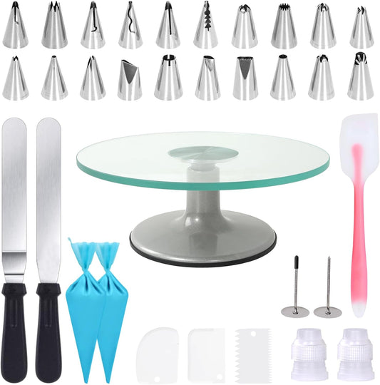 Cake Turntable 12 Inch, Uten Cake Stands, Glass Cake Decorating Display Stand, 33pcs Cake Decorating Set, Straight & Offset