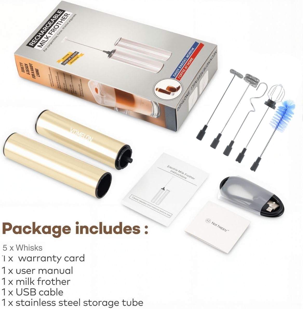 Rechargeable Milk Frother Handheld Electric Frother Wand Milk Foamer Drink Mixer for Coffee, Lattes, Cappuccino, and Egg, Stainless Steel for Travel-Beige