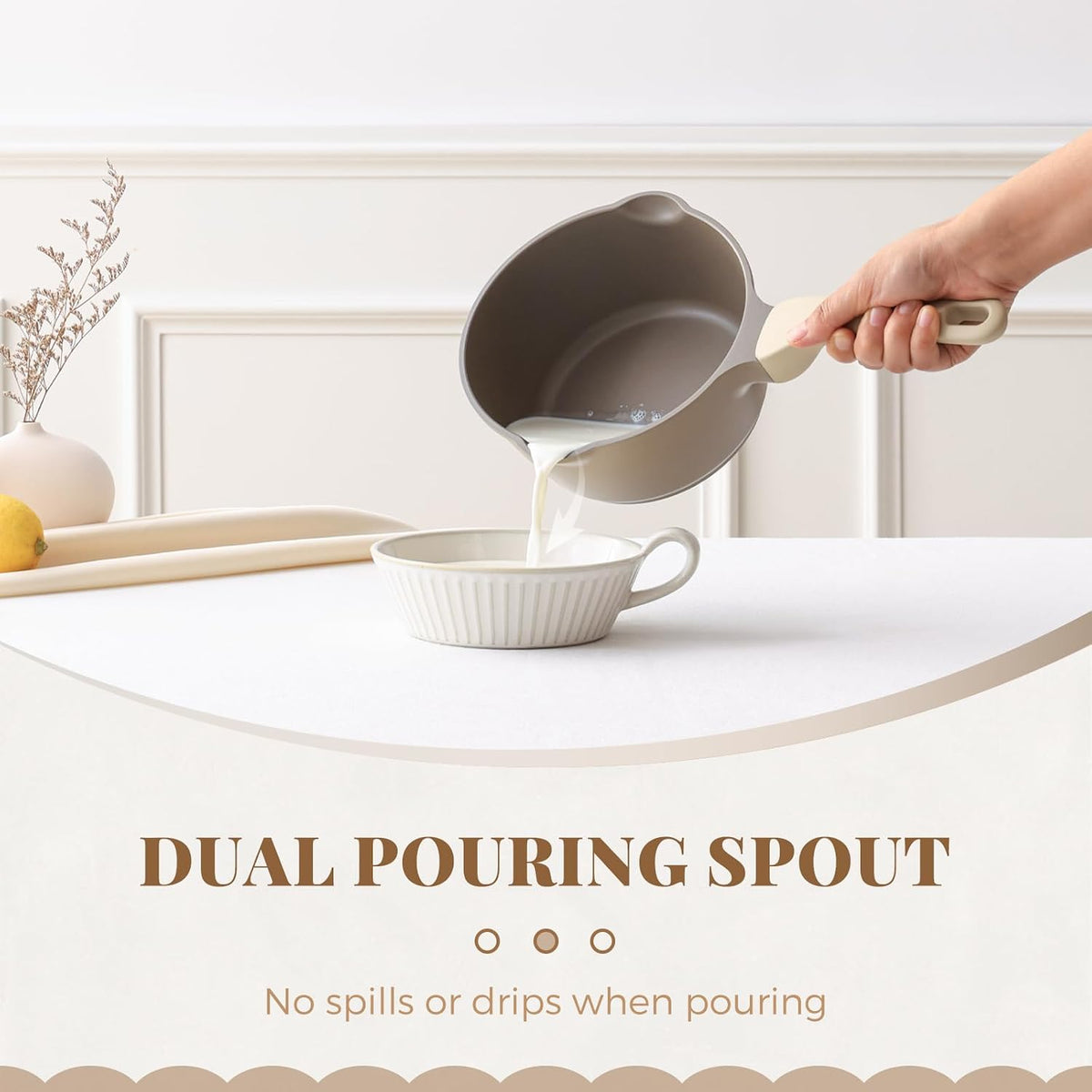 Nonstick Saucepan with Lid, 2 Quart Sauce Pan, Healthy Sauce Pot with Pour Spouts for Multipurpose Use, PTFE, PFOA Free, Induction Compatible, Apricot