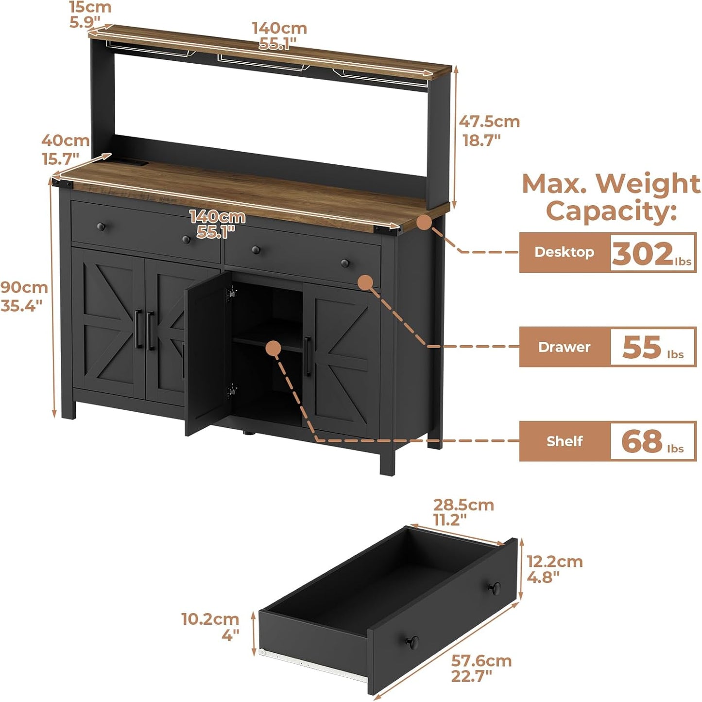 VVFLU Hutch Storage Cabinet Buffet with Drawers, and Charging Station, Coffee Bar Cabinet with Barn Doors, Wine Rack and Hooks, Countertop, Long Farmhouse, Black, for Kitchen, Dining Room, 54.1" High
