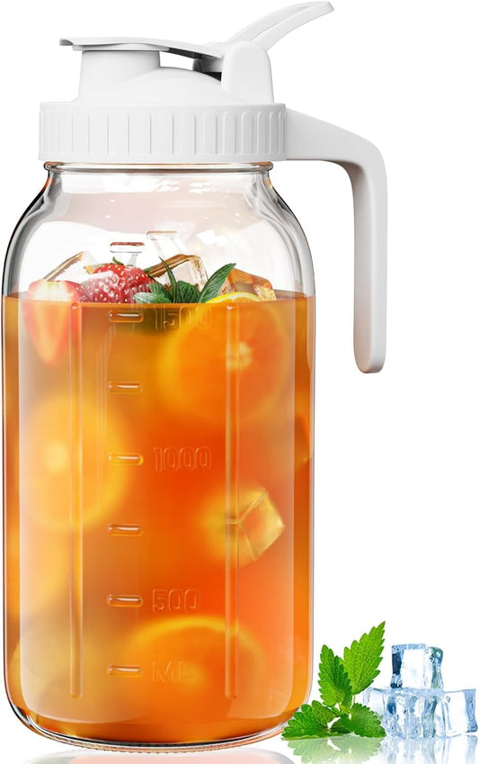 64oz Glass Pitcher, 2 Quart Mason Jar Pitcher with Lid and Spout | Wide Mouth | Airtight | Leakproof | Glass Water Jug for