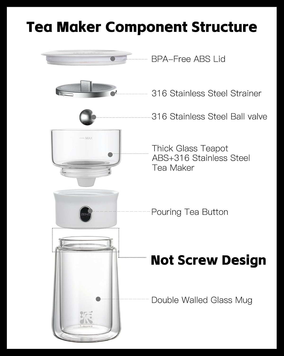 ZENS Modern Glass Infuser Pot, One Touch Tea Maker for Loose Leaf Tea | Glass Teapot with Infuser, Magic Tea Infuser with 6.7oz Insulated Mug and Portable Case for Tea Lovers Gifts