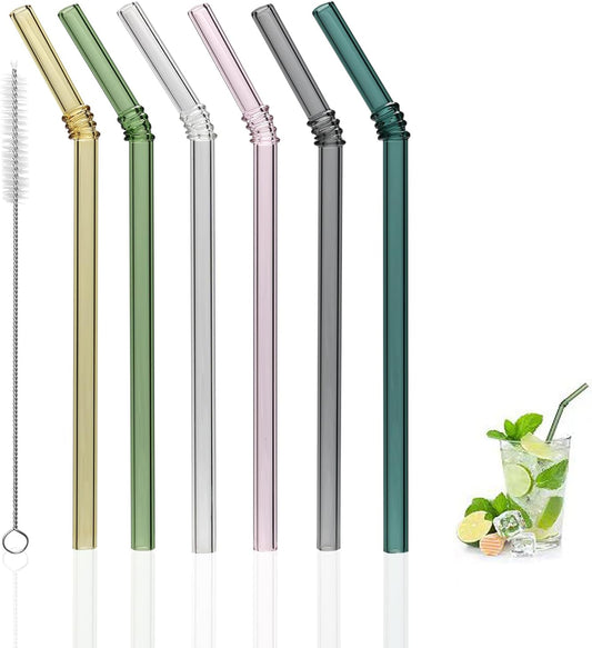 Curved Stained Glass Straws with Designs, 6-Pack Reusable, Approximately 9 Inches Long, 8MM Diameter, Shatterproof and