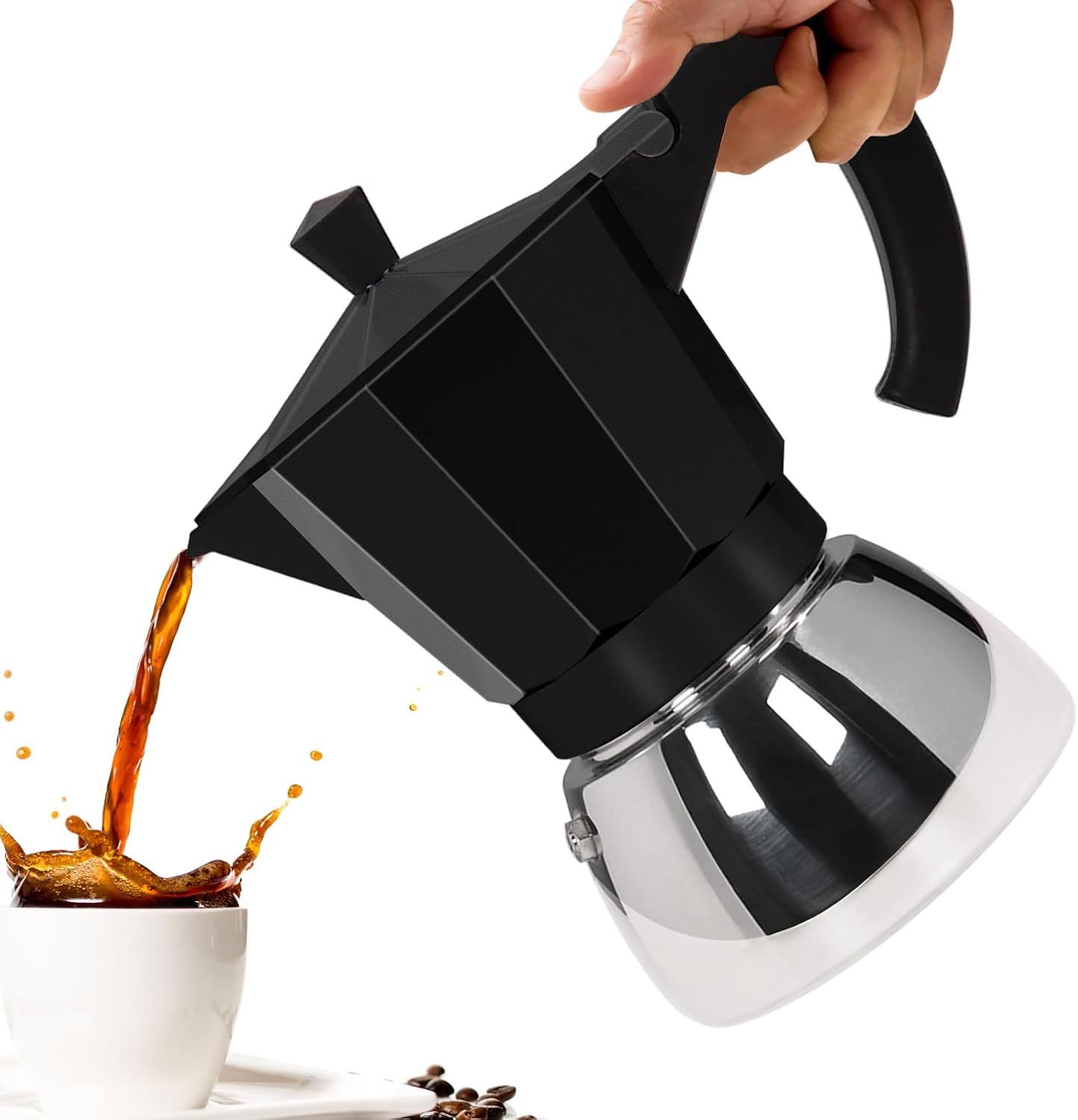 No Coating 6 Cup Aluminum and Stainless Steel Moka Pot Stovetop | Espresso Maker Italian Coffee Machine 350ml 11.84oz Suitable for Gas Induction Stovetop Greca Coffee Maker Black