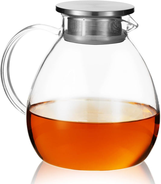 68OZ/2000ML One Touch Glass Teapot with Stainless Steel Filter Lid, Stovetop & Microwave Safe Tea Maker Water Kettle,