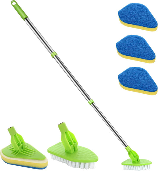 Scrub Cleaning Brush with Long Handle 35'' - Extendable Floor Scrubber with 1 Stiff Bristles & 3 Sponge Brush, Adjustable