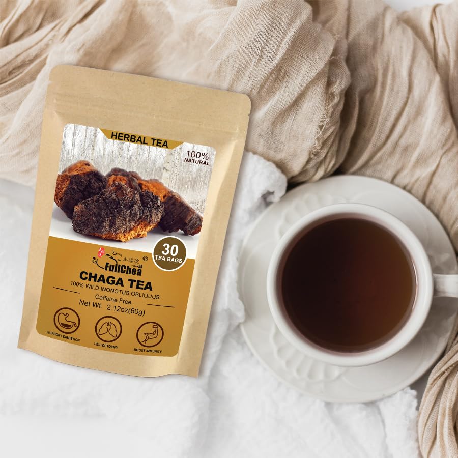FullChea - Chaga Tea Bags, 30 Count, Chaga Mushroom Tea | Naturally earthy mushroom infusion, caffeine-free, rich in antioxidants and supports digestive comfort