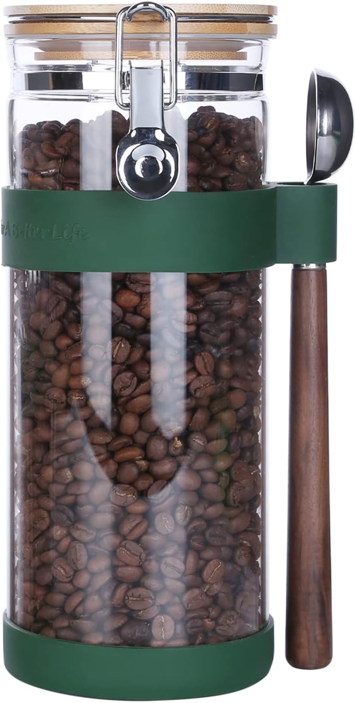 KKC Vacuum Sealed Coffee Bean Storage Container with Scoop,Airtight Glass Container Jar with Hinged Lid and Spoon for Ground Coffee,Loose Leaf Tea,Brown Sugar,Nut,Oatmeal,54 Fl oz