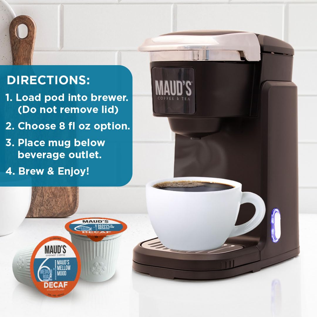 Maud's Decaf Medium Roast Coffee Pods, 100 ct, Decaffeinated Recyclable Single Serve Pods – 100% Arabica Coffee, Compatible with Keurig K Cups Maker