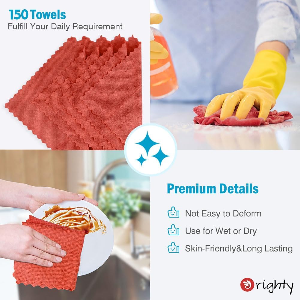 Orighty Microfiber Cleaning Cloth Bulk, 150 Pack Shop Towels 12x12 in, Red