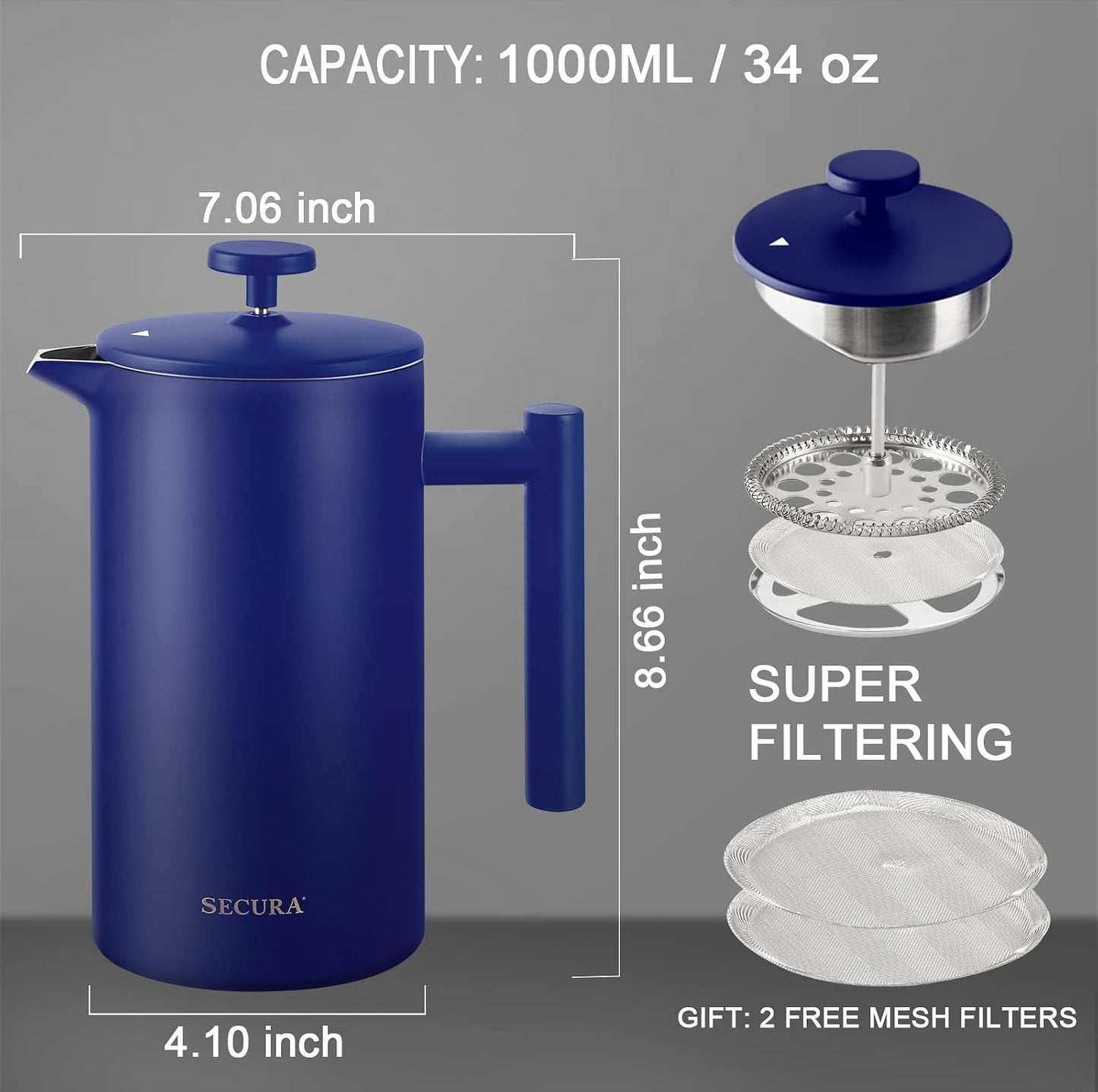 Secura French Press Coffee Maker, 304 Grade Stainless Steel Insulated Coffee Press with 2 Extra Screens, 34oz (1 Litre), Blue