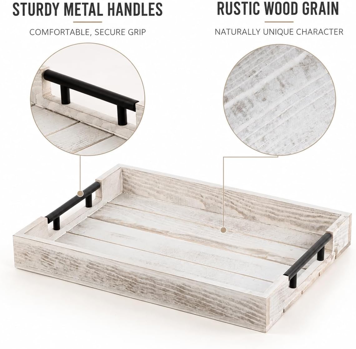 Whitewashed Wooden Serving Tray with Black Metal Handles and 4 Coasters, 16.1 x 11.8 Inch Rustic Farmhouse Ottoman Tray for Coffee Table, Living Room, Breakfast and Home Decor