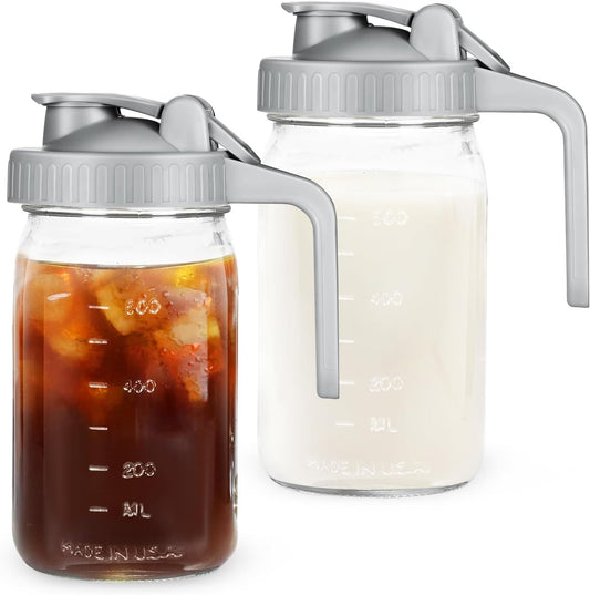 Creamer Pitcher Jar with Lid - 2 Pack No Leak 32oz Airtight Mason Jar with Pour Spout Lid, Classic Wide Mouth Jug Easy to