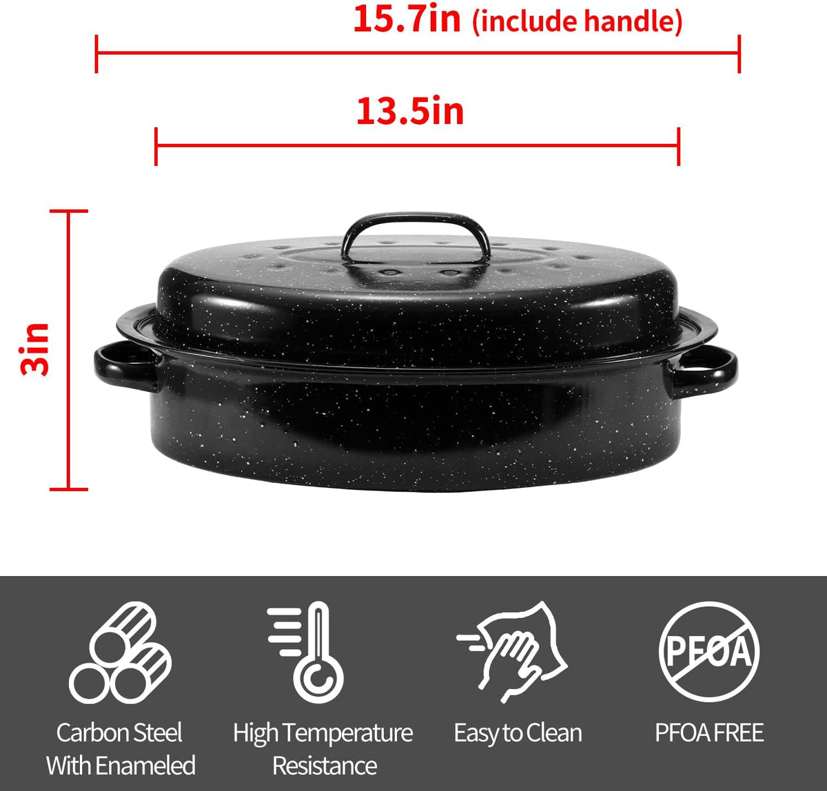 Granite Roasting Pan, Medium 16” Enameled Roasting Pan with Domed Lid. Oval Turkey Roaster Pot, Broiler Pan Great for Small Turkey, Chicken, Ham, Dishwasher Safe Fit for Roast 12Lb Bird by Kendane