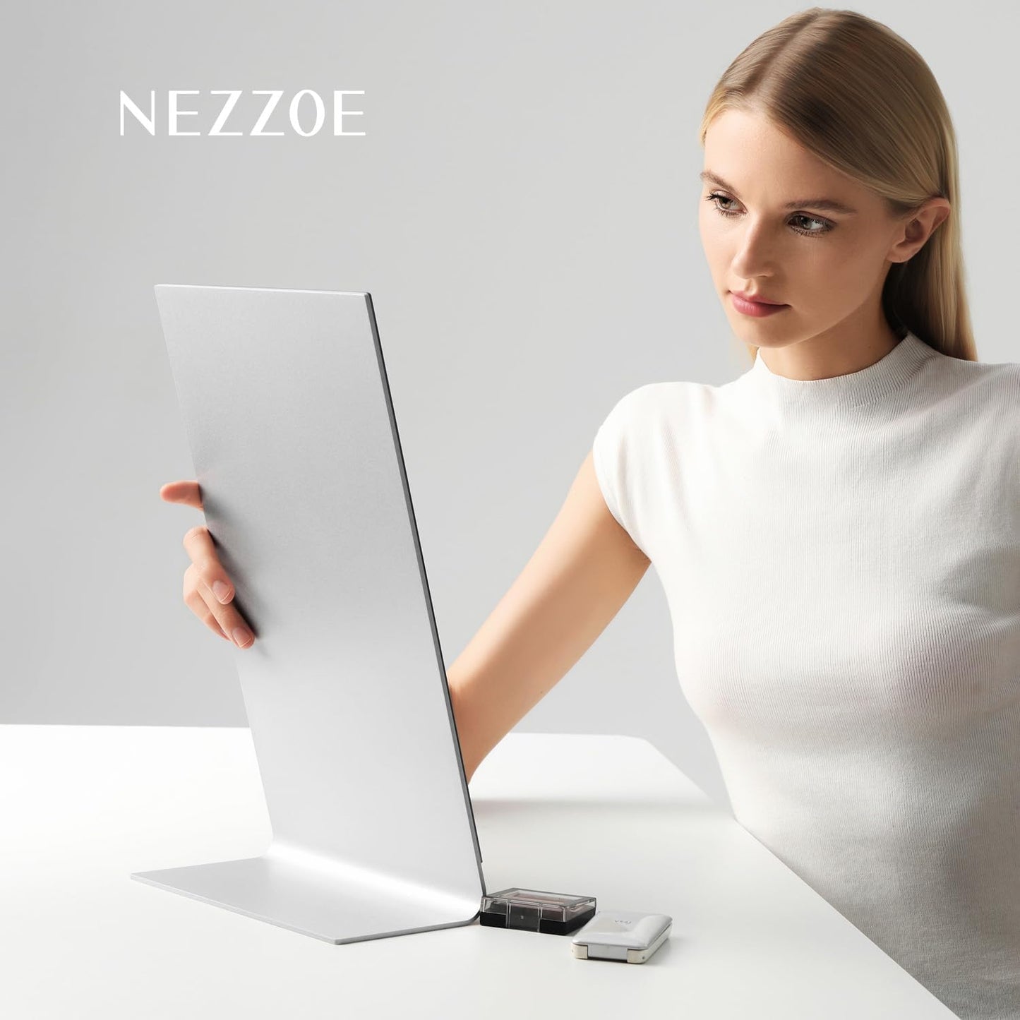 NEZZOE 15"x8" Frameless Makeup Mirror, Minimalist Free Standing Desk Mirror | Aluminium Flat Vanity Mirror for Bathroom Countertop, Desk or Jewelry Display, Perfect for Makeup &amp; Shaving
