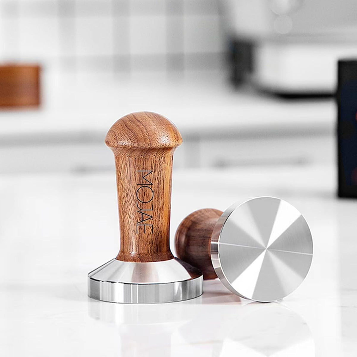 MOJAE 53mm Espresso Tamper, Coffe Tamper, Espresso Press Tool with 304 Stainless Steel Flat Base and Walnut Wooden Handle for Barista Espresso Machines, Fits for Breville Series 54mm Portafilter