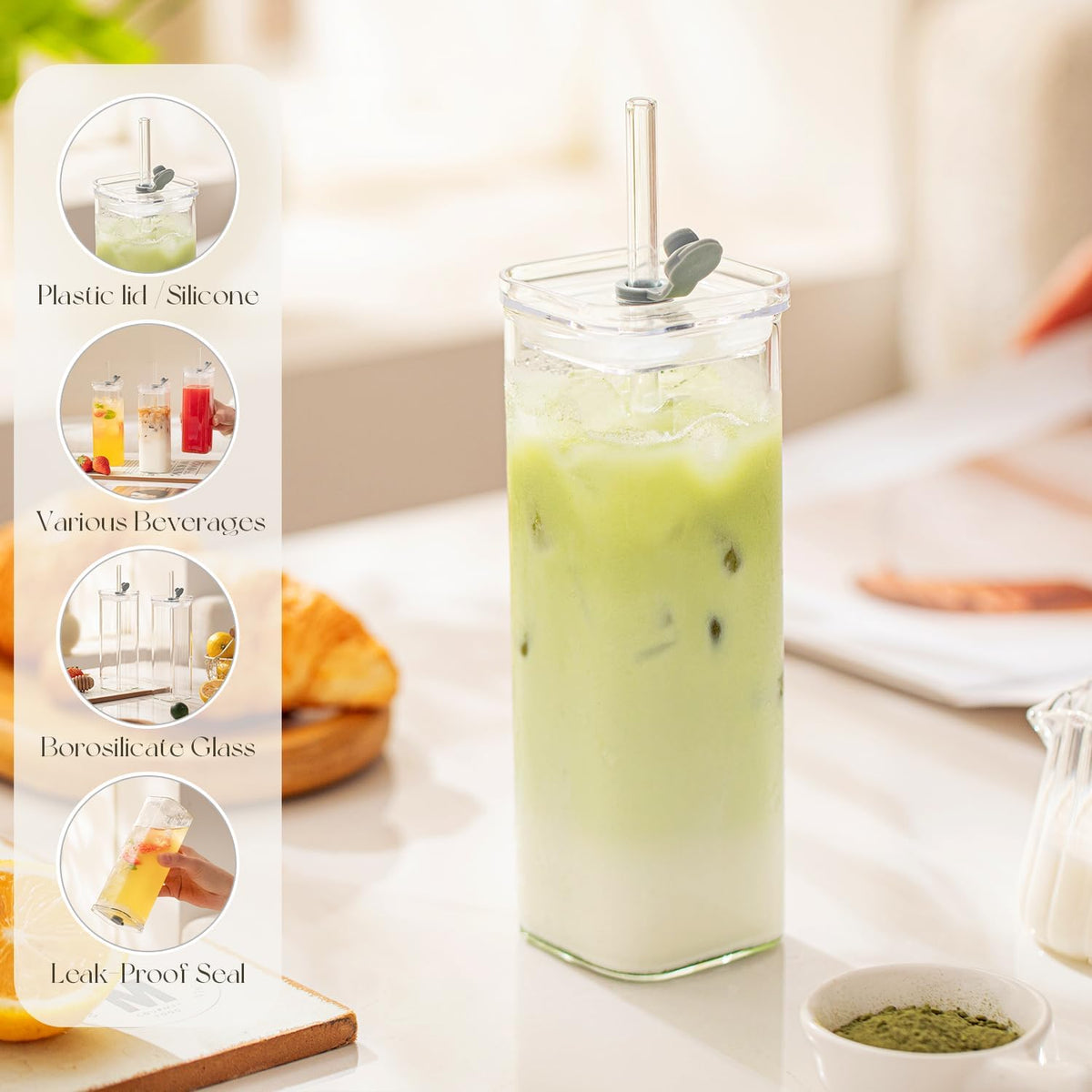 KEMORELA 6 Sets Square Drinking Glass Cups, Old Fashioned Glasses, 17 Oz Square Glasses, Clear Highball Modern Glassware Tumbler Mixed Drinkware with Straws for Cocktail Coffee Juice(Square-6PCS)