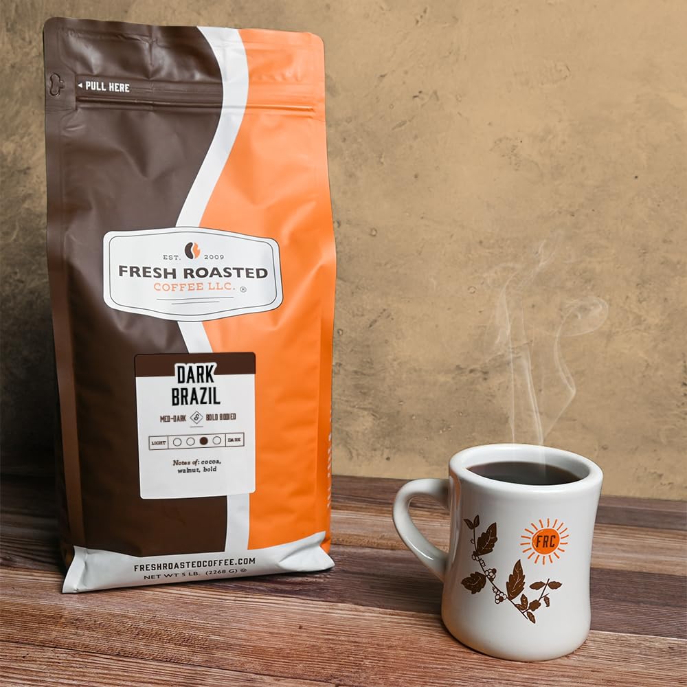 Fresh Roasted Coffee, Dark Brazil, 5 lb (80 oz), Med-Dark Roast, Kosher, Ground