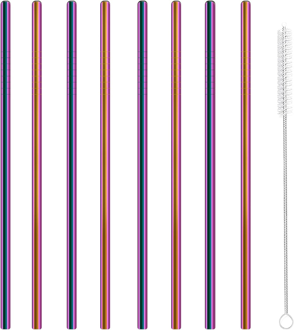 Stainless Steel Straws Metal Reusable Drinking Straw for Juice Iced Coffee Cold Beverage Highball Glasses 12/14/16/18oz Tumblers Mugs Cups, 0.24" Wide 8.5 Inch Long, Set of 8 with Brush, Colorful
