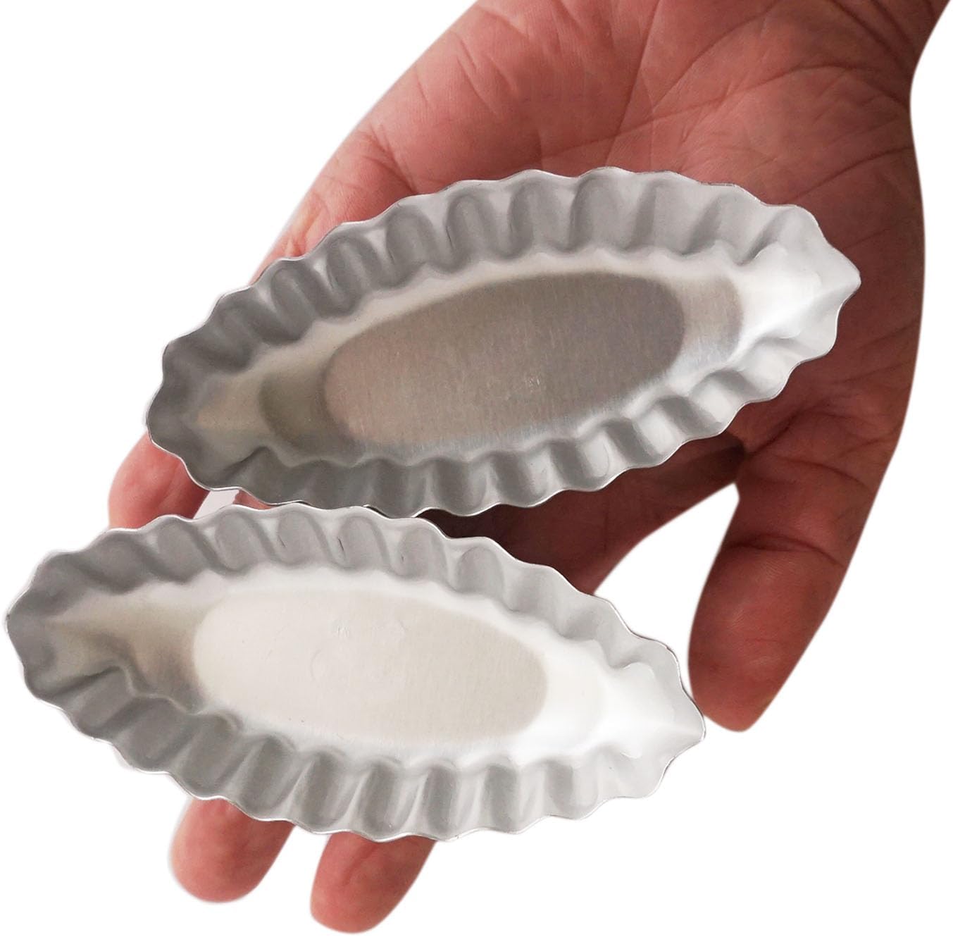 Tiny Aluminum Boat Tart Pan Fluted Oval Baking Mold, Wavy Tartlet | 10-Pack Flower Edge Tart Tins Bite Size Tray for Small Desserts, Quiches, Pudding (3.86 x 1.77 x 0.59 Inch)
