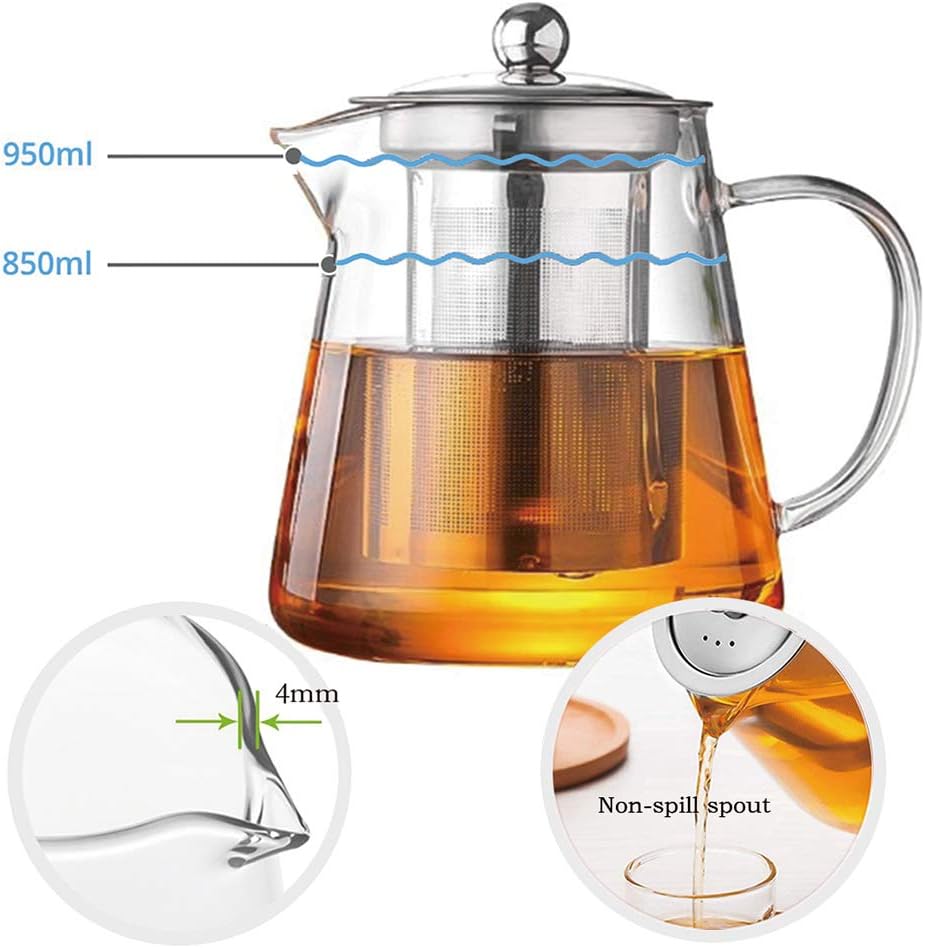 TMOST Glass Teapot with Infuser Tea Pot 950ml/32oz Tea Kettle Stovetop Safe Blooming and Loose Leaf Tea Maker Set (32oz/ 950ml)