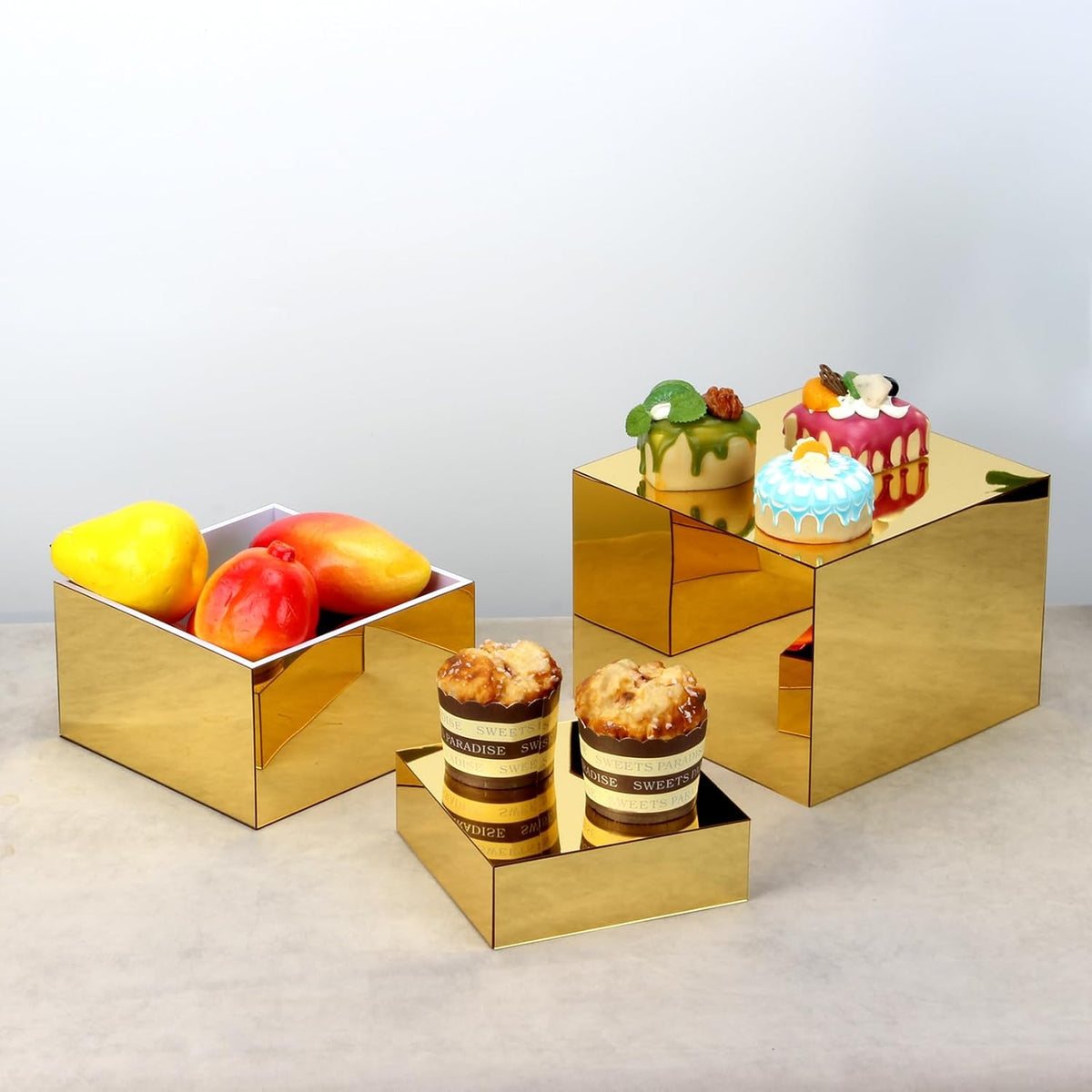 3 Pcs Acrylic Display Nesting Riser Stand Mirror Gold Acrylic Riser | Display Cube Box Stereoscopic Display Stand Acrylic Food Display Risers for Catering Dessert Jewelry Character Party