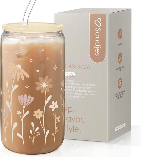 SANDJEST Flower Glass Can, Floral Cup with Lid & Straw, Iced Coffee Aesthetic Cups, Idea Gift for Christmas Birthday Mother
