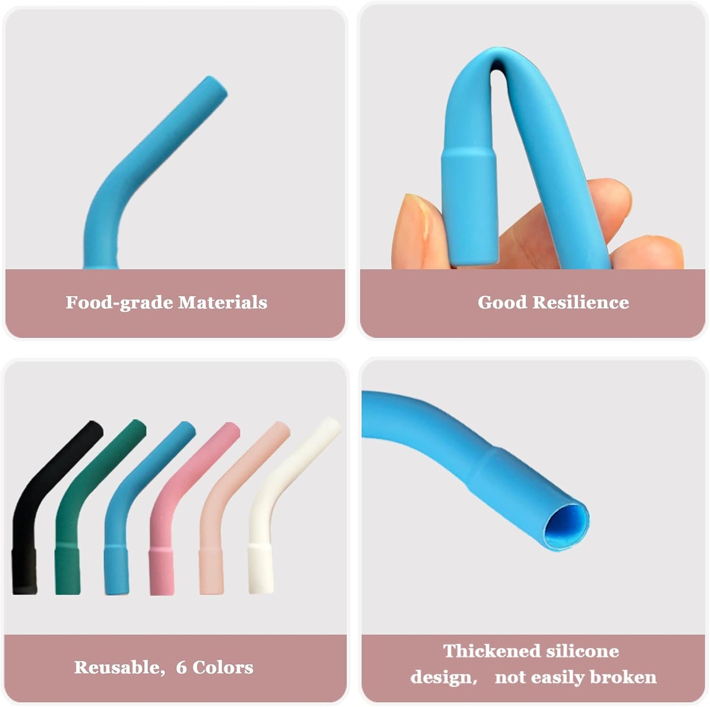 6 Pcs Reusable Silicone Straw Tips with Drinking Long Straws Compatible with Stanley 40/30 oz Cup Tumbler, 6 Flex Elbow Silicone Straw Covers for 8-10mm Diameter Straws, 1 Straw Cleaning Brush