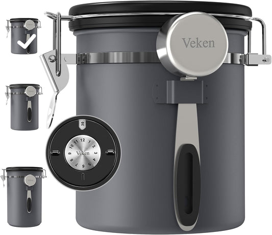 Veken Coffee Canister, Airtight Stainless Steel Kitchen Food Storage Container with Date Tracker and Scoop for Beans,