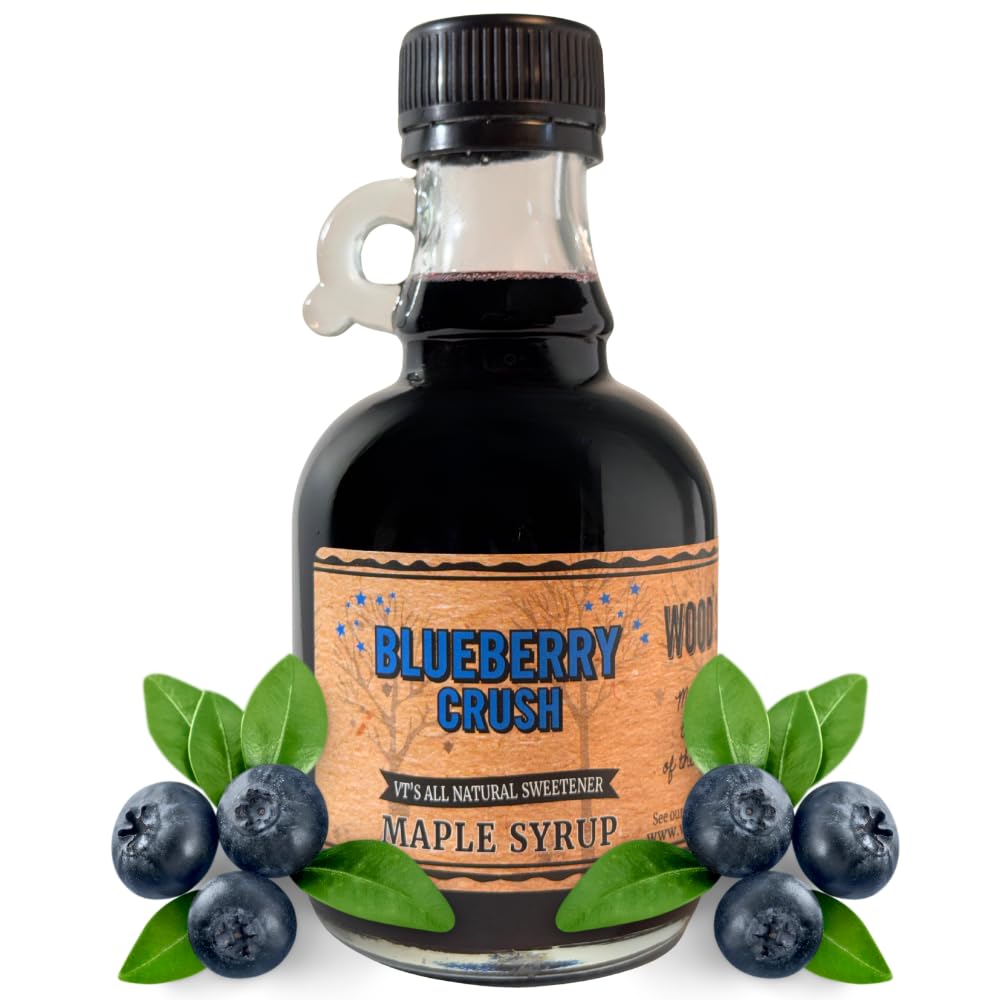 WOOD'S Blueberry Crush Maple Syrup – Small-Batch Vermont Maple Syrup Infused with Real Blueberry Flavor | All-Natural, Vegan Sweetener for Pancakes, Desserts, Cocktails &amp; Baking | 8.45 Fl Oz (250mL)