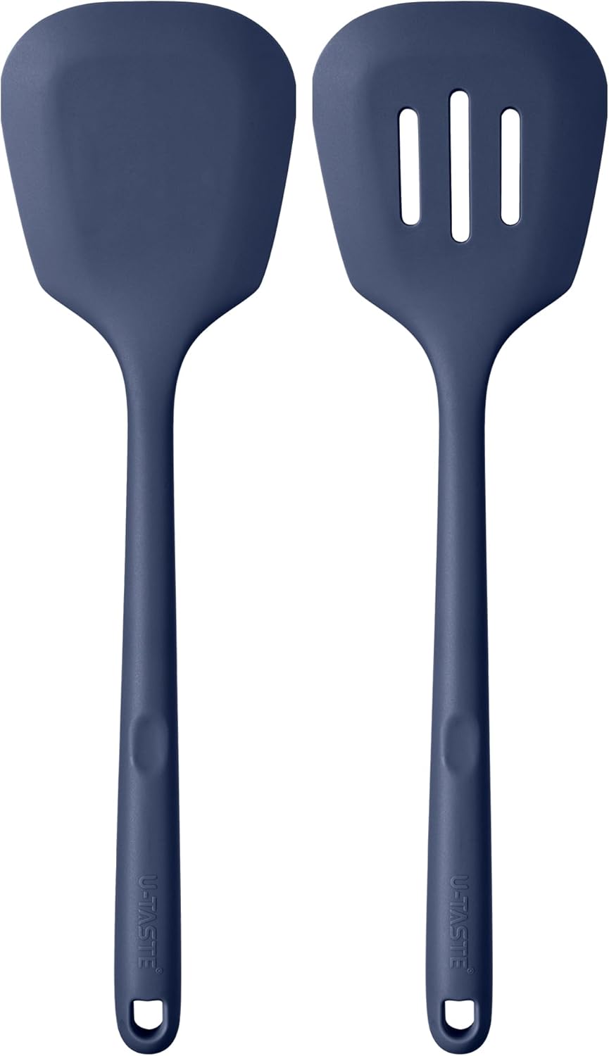 U-Taste Silicone Turner Spatula Set of 2, 13.6"Long/3.7"Wide, Midnight Blue | 600ºF Heat Resistant Food Grade Silicone Cooking Utensils Set, Wide Large Solid &amp; Slotted Turner Pancake Egg Flipper