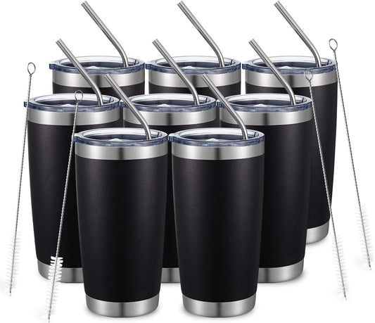 COMOOO 20oz/8Pack Black Tumbler Double Wall Vacuum Insulated Coffee Travel Mug Stainless Steel Tumbler with Lid and Straw