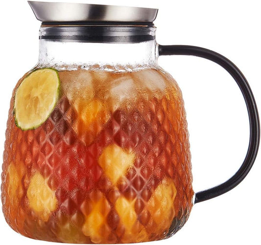 Purefold 40 ounces “Pineapple Series” Glass Pitcher with Stainless Steel Lid, Hot/Cold Water jug for Coffee, Lemonade, Iced