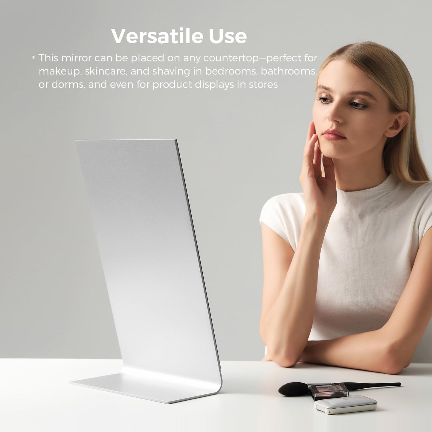 NEZZOE 15"x8" Frameless Makeup Mirror, Minimalist Free Standing Desk Mirror | Aluminium Flat Vanity Mirror for Bathroom Countertop, Desk or Jewelry Display, Perfect for Makeup &amp; Shaving