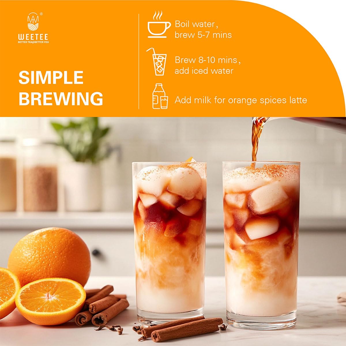 WT WEETEE Orange Spice Herbal Tea Bags 50count, Caffeine-free w/o Black Tea | Warming Winter Blend Perfect for Holidays, Hot or Iced, Sweet Spiced Citrus Tea with Cinnamon, Clove, Hibiscus &amp; Orange Peel