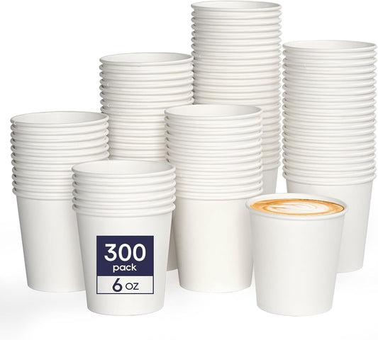 LITOPAK 300 Count 6 oz Paper Cups, Disposable White Paper Coffee Cups, Hot Beverage Drinking Cup for Coffee, Water, Juice,