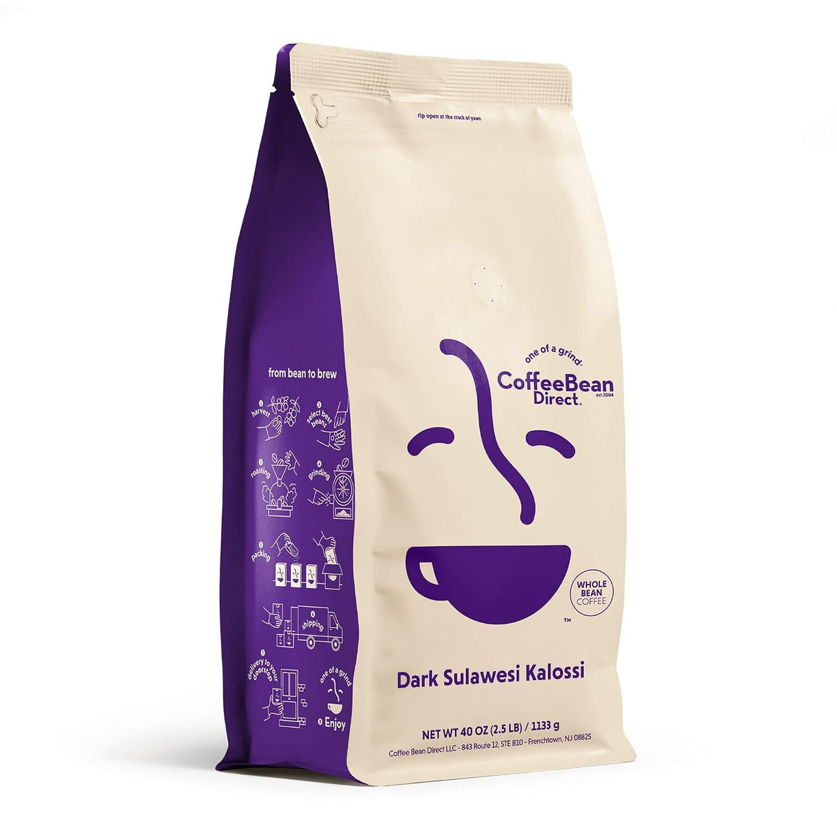 Coffee Bean Direct Dark Sulawesi Kalossi, Whole Bean, 2.5lb Bag | Dark Roast, Single Origin Arabica Coffee Beans