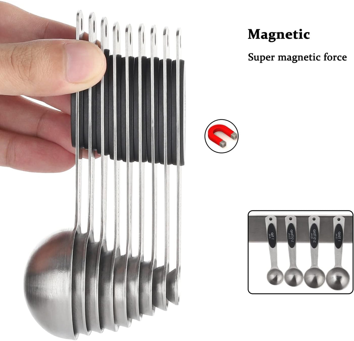 Magnetic Measuring Spoons Set of 9 Stainless Steel Measuring Spoons | Heavy Duty Nesting Teaspoons Tablespoons for Measuring Dry and Liquid Ingredients